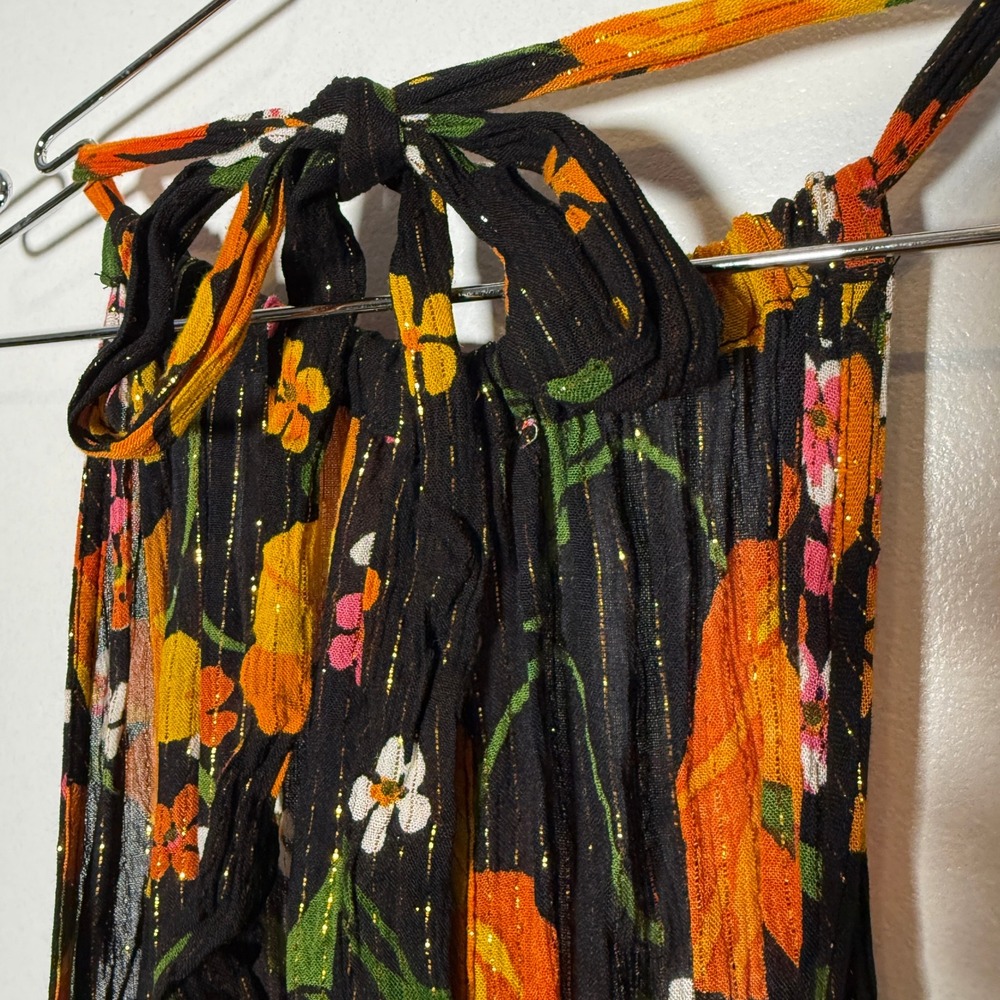 ASOS DESIGN Floral Halter Maxi Dress Black Gold Metallic Shimmer Open Back US 6 - Picture 6 of 10